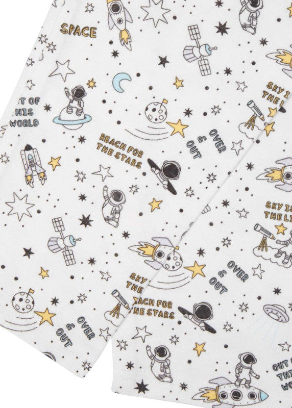 Children's fabric with space-themed pattern featuring astronauts, rockets, and stars on a white background.