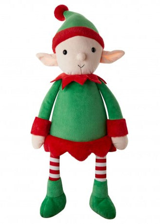A plush Christmas elf doll with a green and red outfit, striped red and white socks, and a green hat with a red pom-pom, shown against a plain white background.