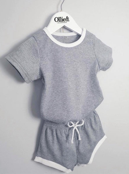 Grey With White Ribbed Shorts Set (Ready to go)